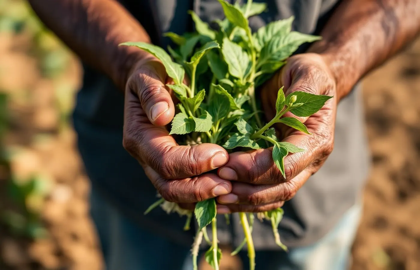 Mãos de produtor rural segurando mudas no campo